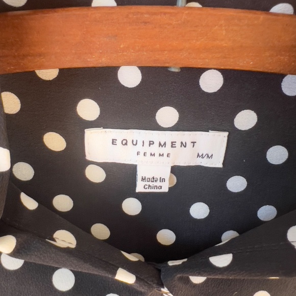 Equipment 100% silk polkadot blouse size M medium button up shirt black white - Picture 8 of 9